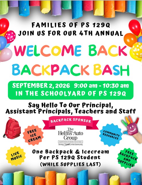 PS 129Q Welcome Back BackPack Bash flyer